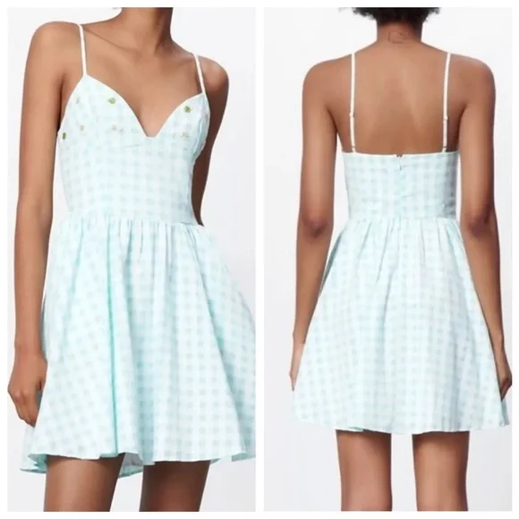 Zara Floral Beaded Gingham Fit and Flare Mini Dress SZ S NWT - Picture 1 of 7